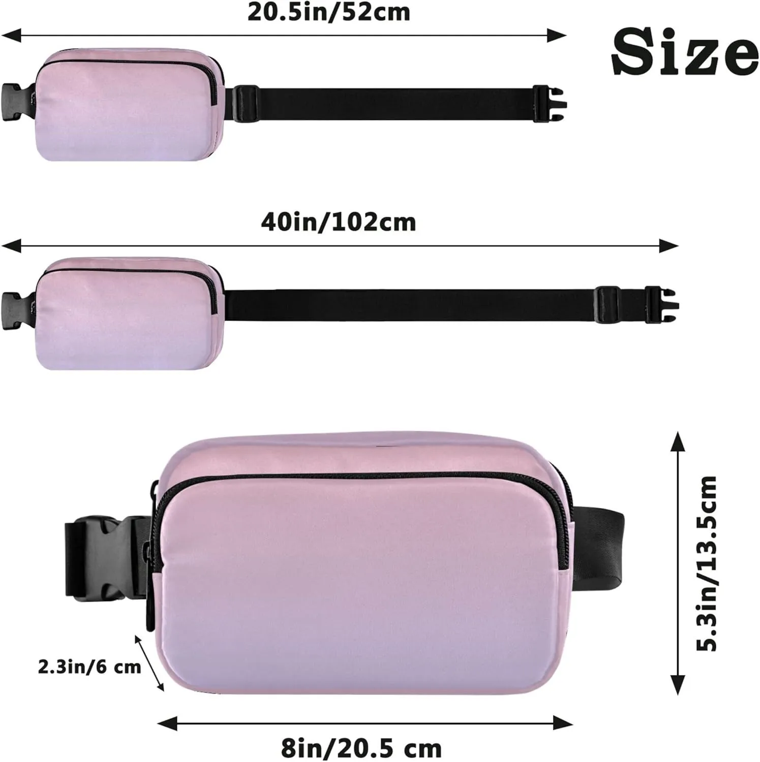 Blush Pink Lavender Blue Gradient Womens Fanny Pack Fashion Everywhere Belt Bag Waterproof Cross Body Waist Purse