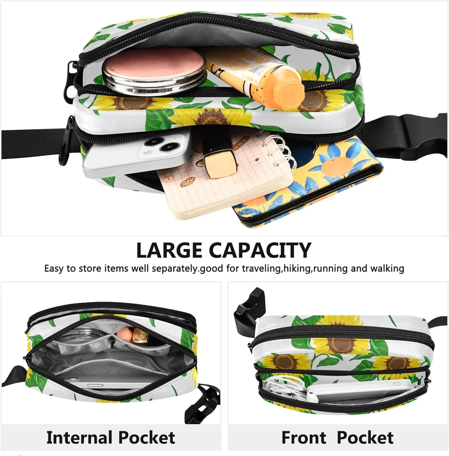 Bright Sunflowers Green Leaves Womens Fanny Pack Waterproof Hip Pouch Belt Bag Funny Travel Waist Pack for Men