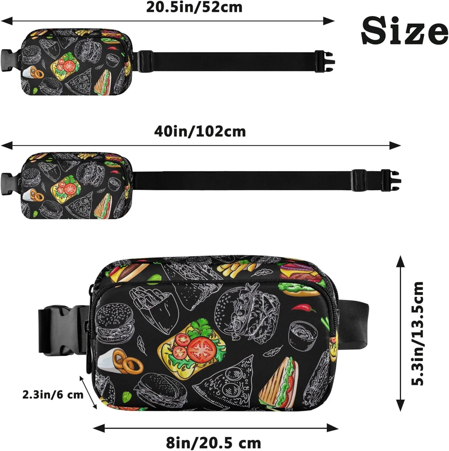 Burgers Taco Fast Food Black Women Fanny Pack Everywhere Belt Bag Waterproof Pattern Crossbody Waist Bag