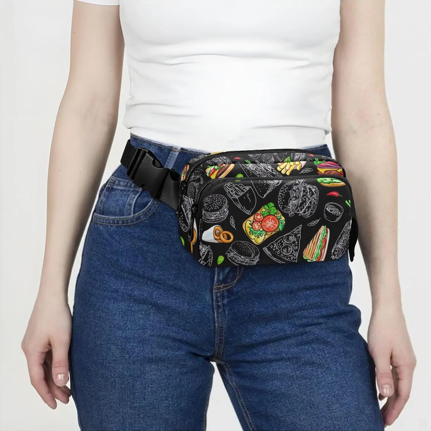 Burgers Taco Fast Food Black Women Fanny Pack Everywhere Belt Bag Waterproof Pattern Crossbody Waist Bag