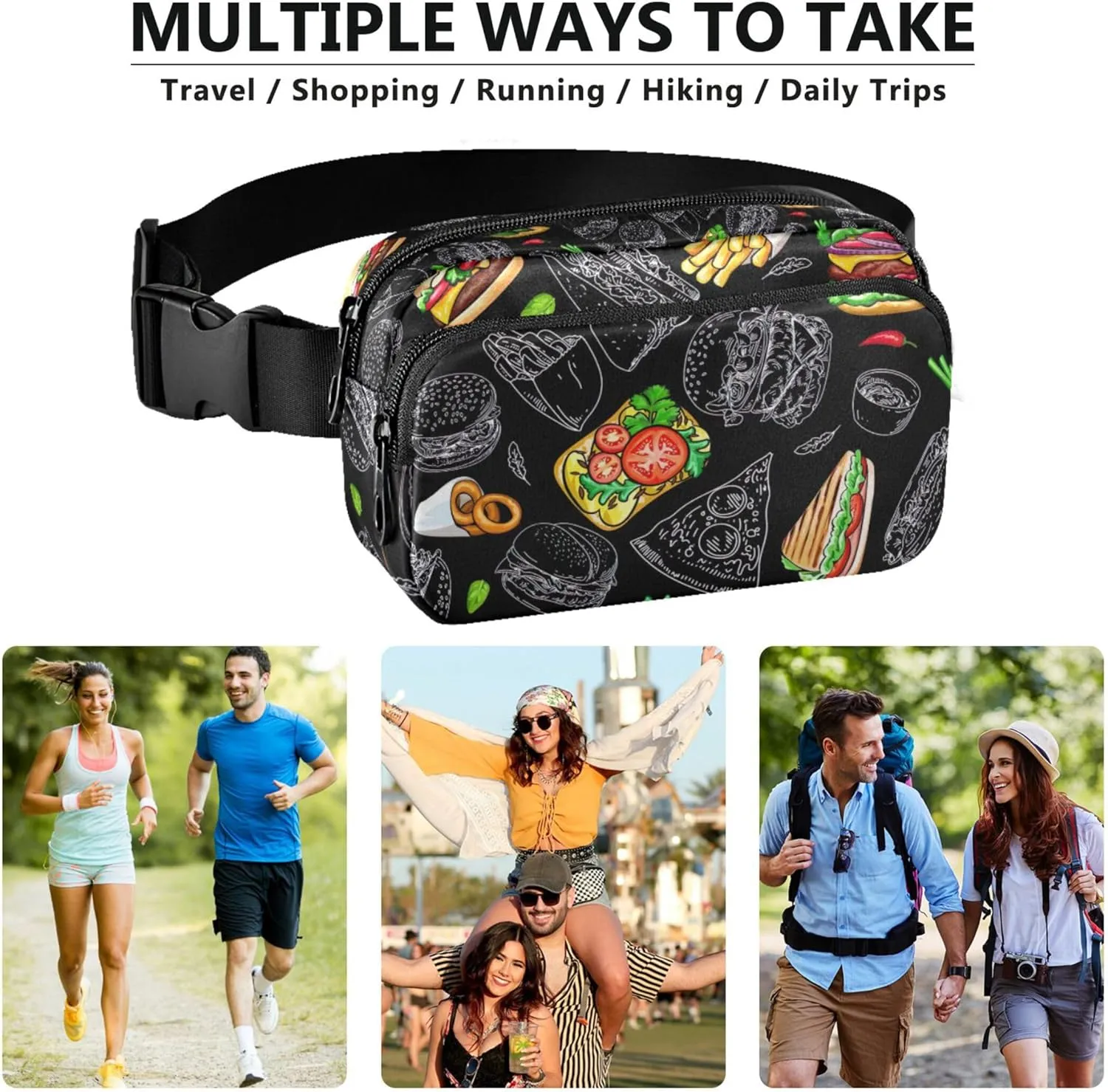 Burgers Taco Fast Food Black Women Fanny Pack Everywhere Belt Bag Waterproof Pattern Crossbody Waist Bag