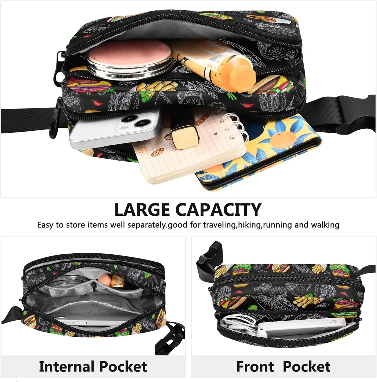Burgers Taco Fast Food Black Women Fanny Pack Everywhere Belt Bag Waterproof Pattern Crossbody Waist Bag