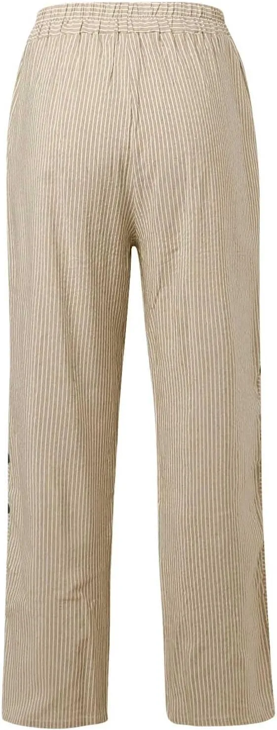 Button Striped Linen Pants Women Elastic High Waist Wide Leg Pants Summer Lightweight Beach Lounge Trousers w/Pockets
