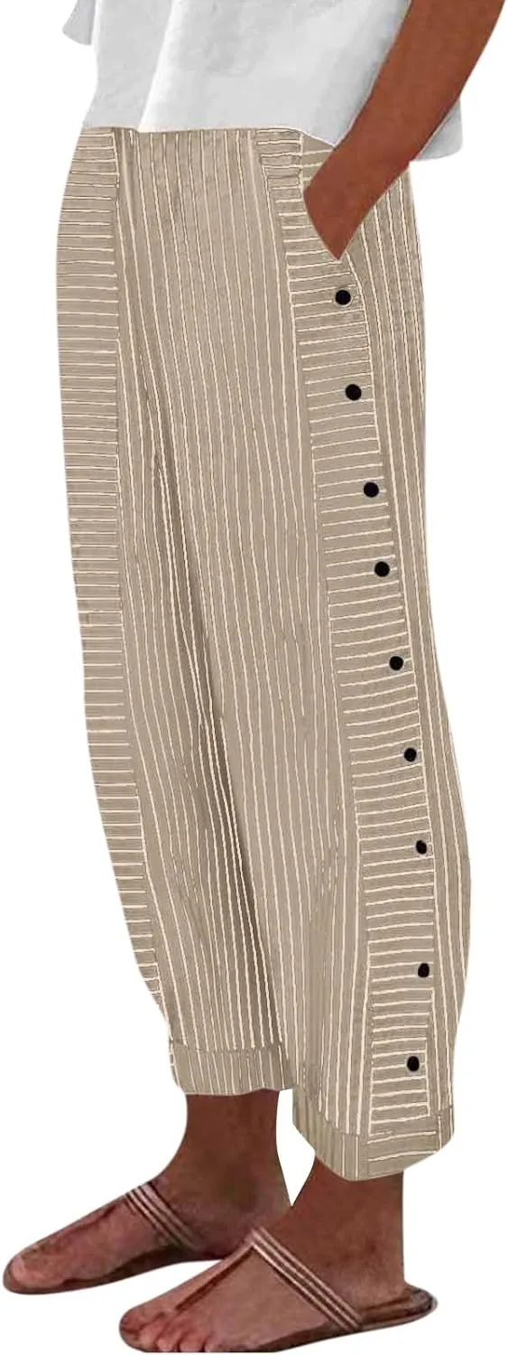 Button Striped Linen Pants Women Elastic High Waist Wide Leg Pants Summer Lightweight Beach Lounge Trousers w/Pockets
