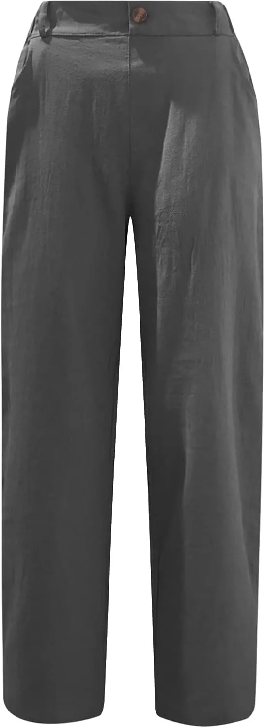 Capri Pants for Women Casual 2024 Summer Drawstring Elastic Waist Cotton Linen Pant Straight Leg Cropped Trousers