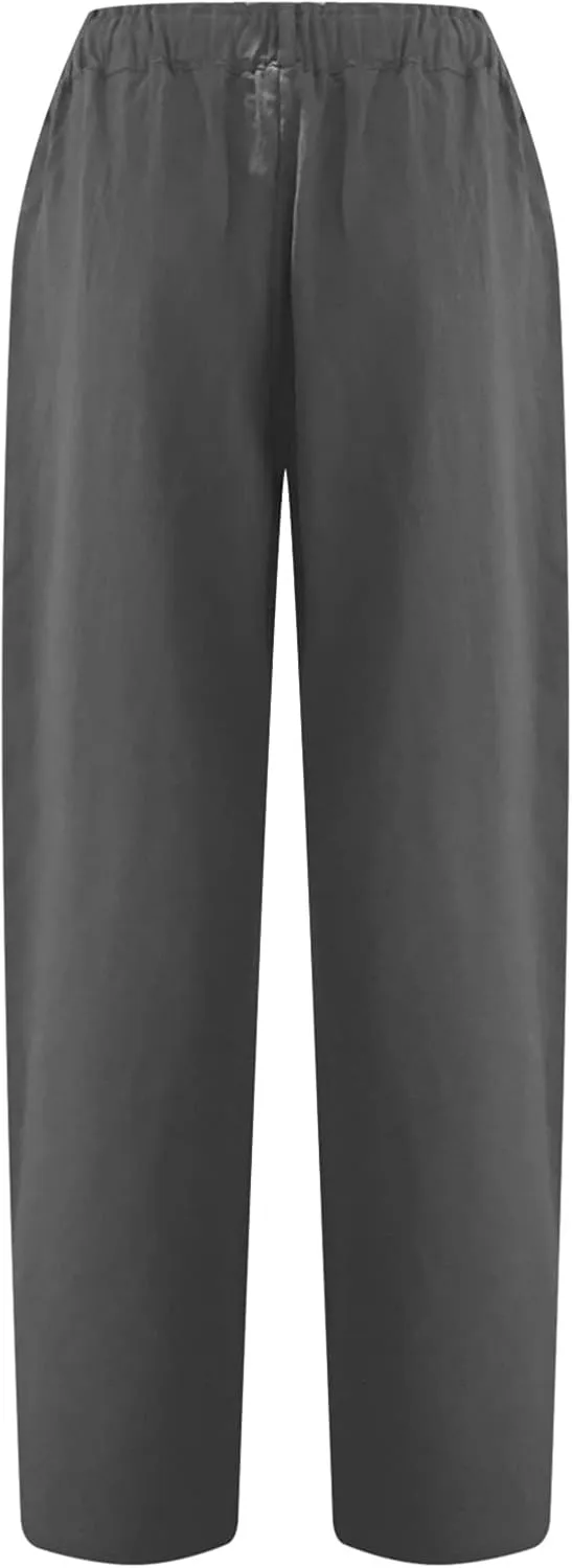 Capri Pants for Women Casual 2024 Summer Drawstring Elastic Waist Cotton Linen Pant Straight Leg Cropped Trousers