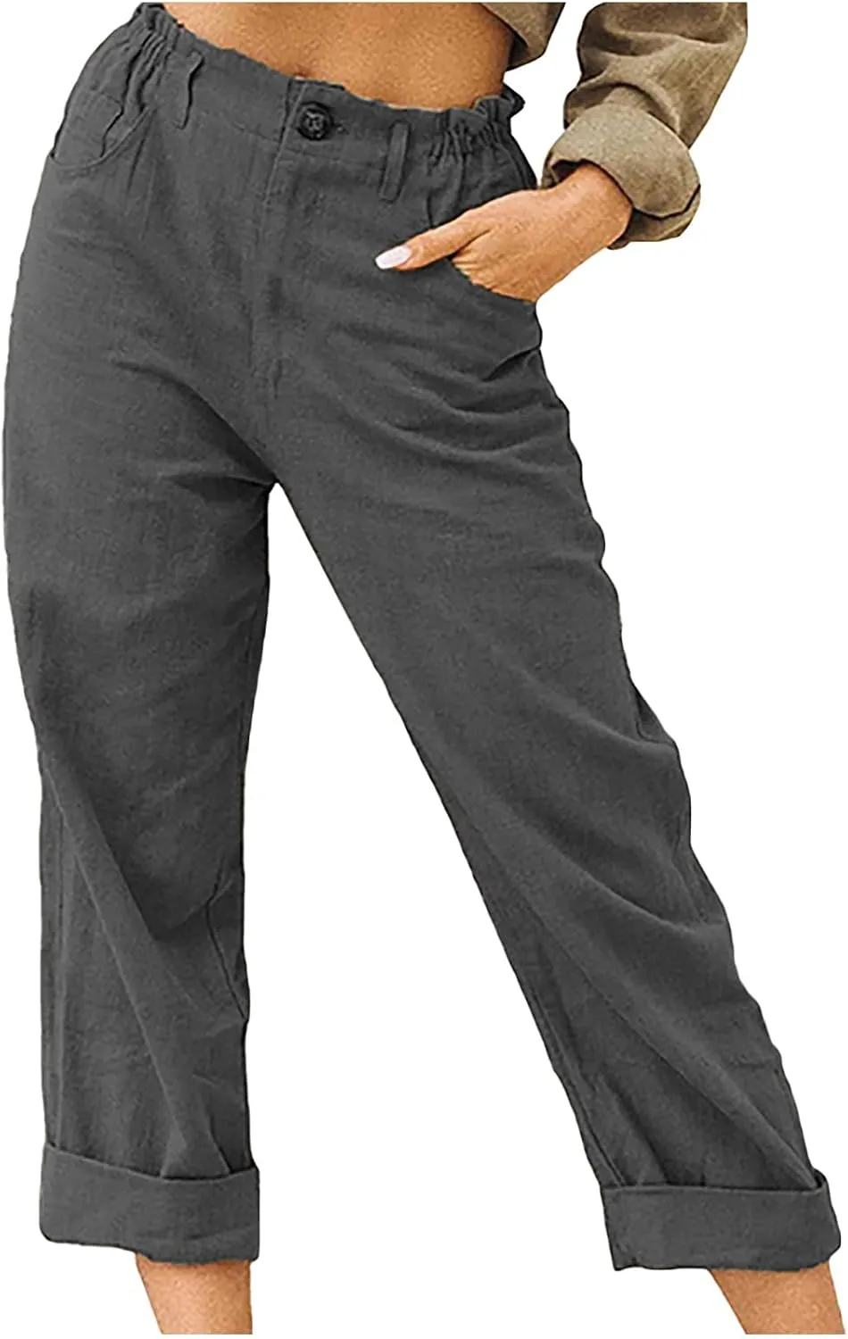 Capri Pants for Women Casual 2024 Summer Drawstring Elastic Waist Cotton Linen Pant Straight Leg Cropped Trousers