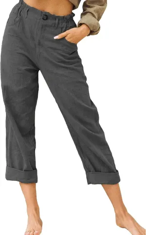 Capri Pants for Women Casual 2024 Summer Drawstring Elastic Waist Cotton Linen Pant Straight Leg Cropped Trousers
