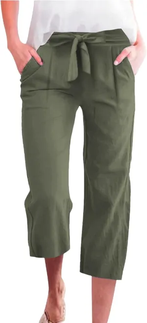 Capri Pants for Women Casual Summer Drawstring Elastic High Waist Linen Pant Straight Wide Leg Cropped Trouser 2025