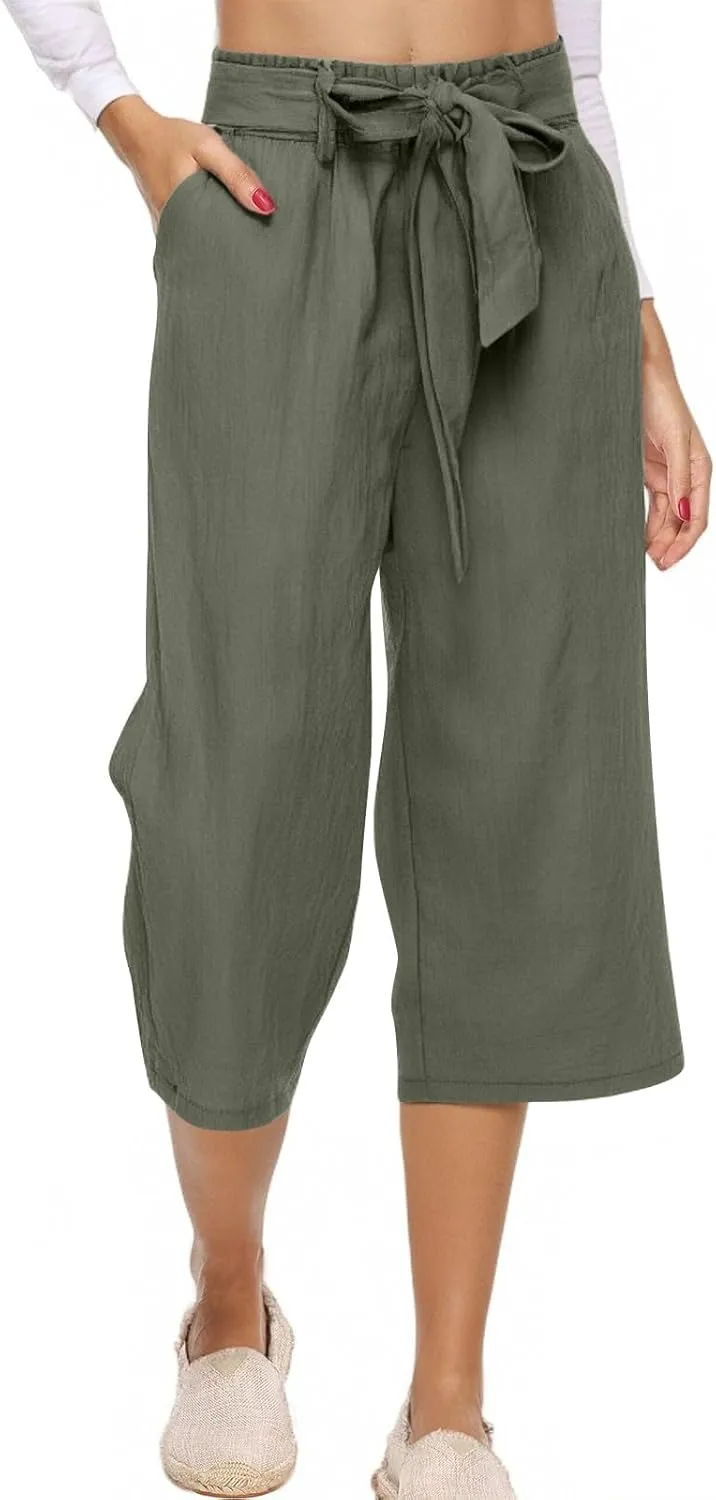 Capri Pants for Women Casual Summer Drawstring Elastic High Waist Linen Pant Straight Wide Leg Cropped Trouser 2025