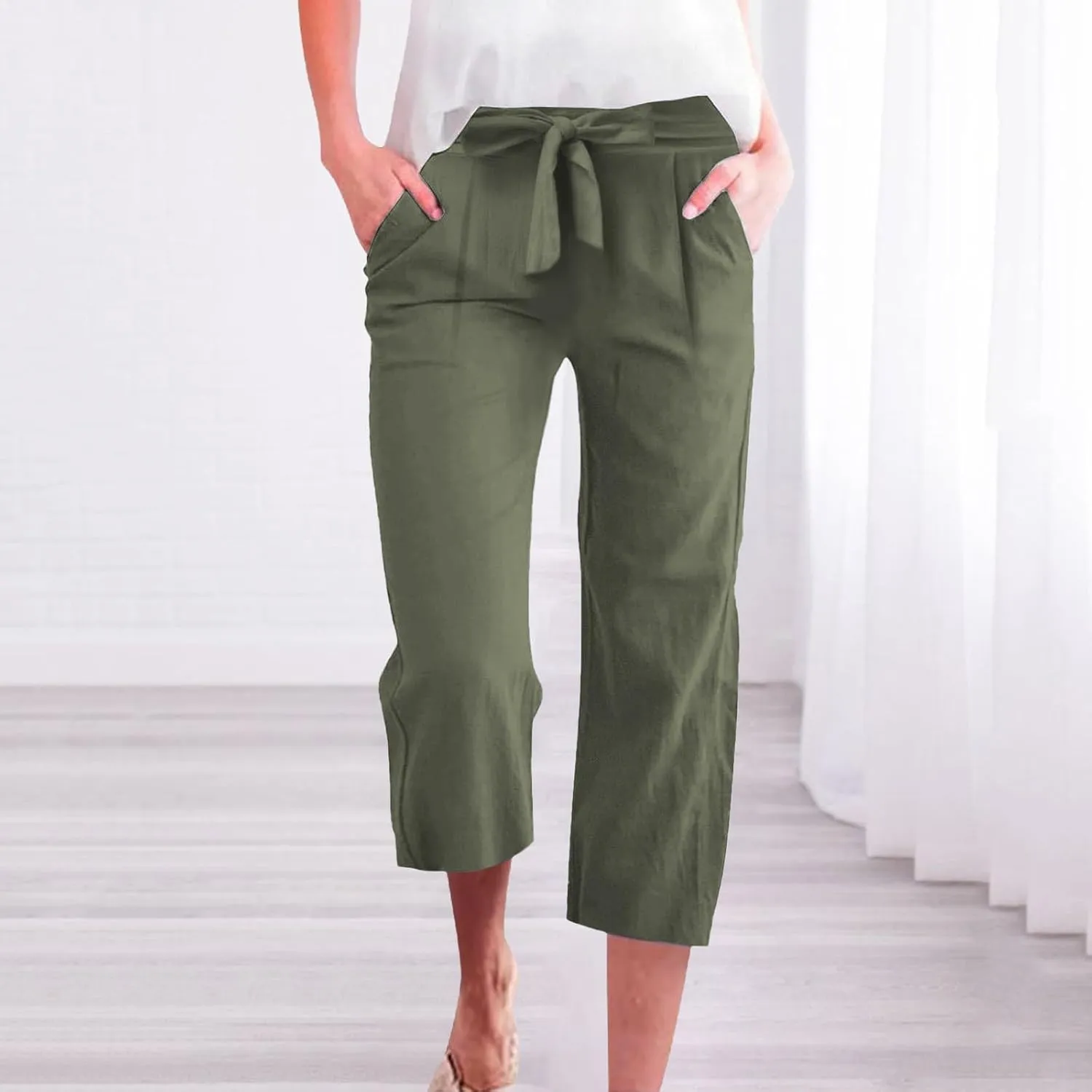 Capri Pants for Women Casual Summer Drawstring Elastic High Waist Linen Pant Straight Wide Leg Cropped Trouser 2025