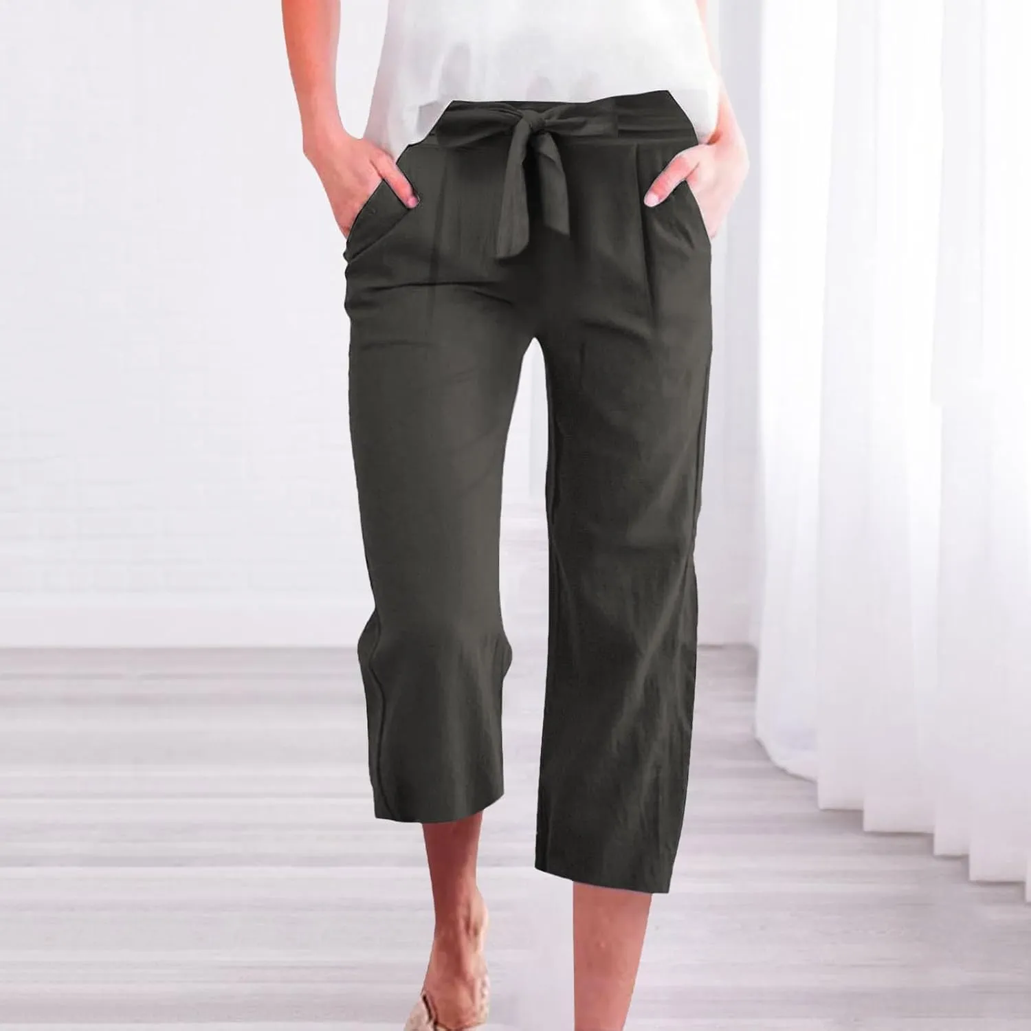 Capri Pants for Women Casual Summer Drawstring Elastic High Waist Linen Pant Straight Wide Leg Cropped Trouser 2025