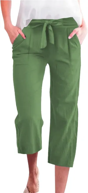 Capri Pants for Women Casual Summer Drawstring Elastic High Waist Linen Pant Straight Wide Leg Cropped Trouser 2025