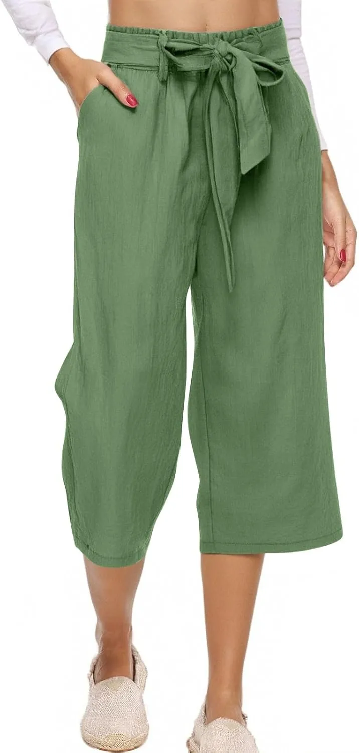 Capri Pants for Women Casual Summer Drawstring Elastic High Waist Linen Pant Straight Wide Leg Cropped Trouser 2025