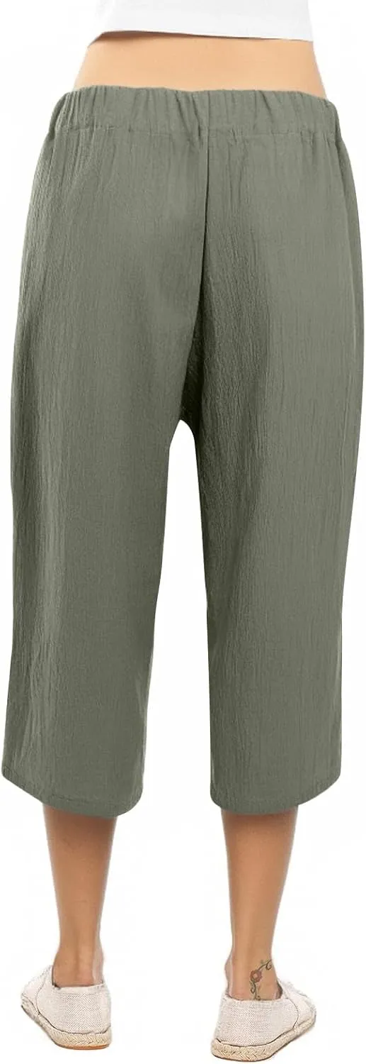 Capri Pants for Women Casual Summer Drawstring Elastic High Waist Linen Pant Straight Wide Leg Cropped Trouser 2025