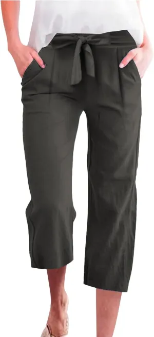 Capri Pants for Women Casual Summer Drawstring Elastic High Waist Linen Pant Straight Wide Leg Cropped Trouser 2025