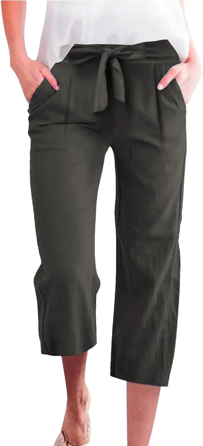 Capri Pants for Women Casual Summer Drawstring Elastic High Waist Linen Pant Straight Wide Leg Cropped Trouser 2025