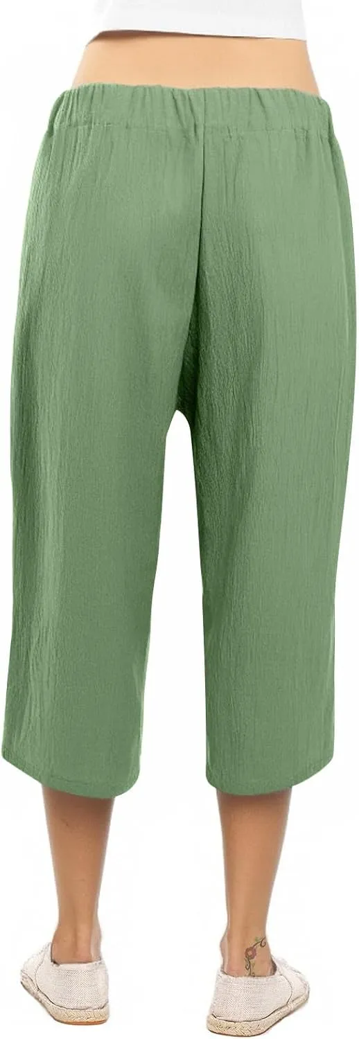 Capri Pants for Women Casual Summer Drawstring Elastic High Waist Linen Pant Straight Wide Leg Cropped Trouser 2025