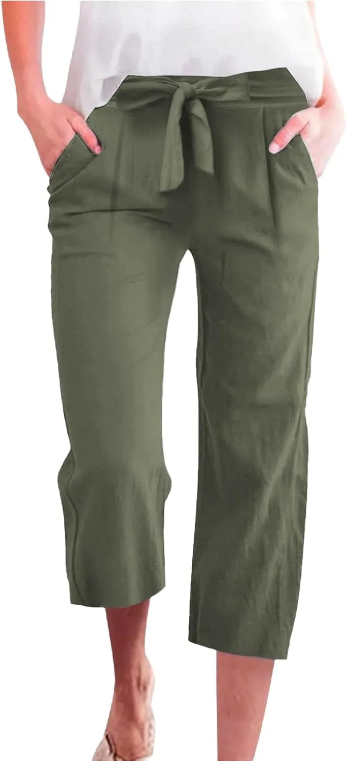 Capri Pants for Women Casual Summer Drawstring Elastic High Waist Linen Pant Straight Wide Leg Cropped Trouser 2025