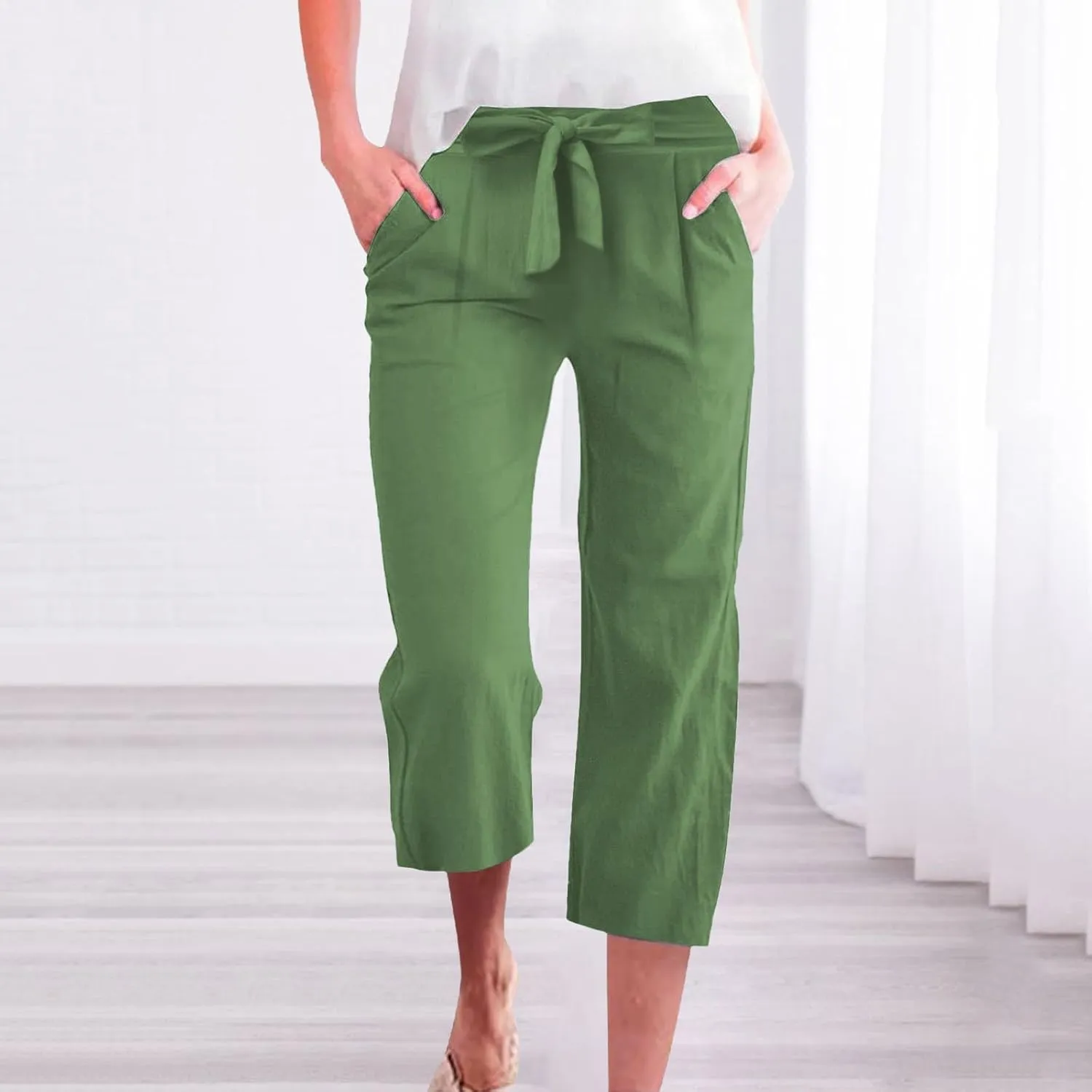Capri Pants for Women Casual Summer Drawstring Elastic High Waist Linen Pant Straight Wide Leg Cropped Trouser 2025