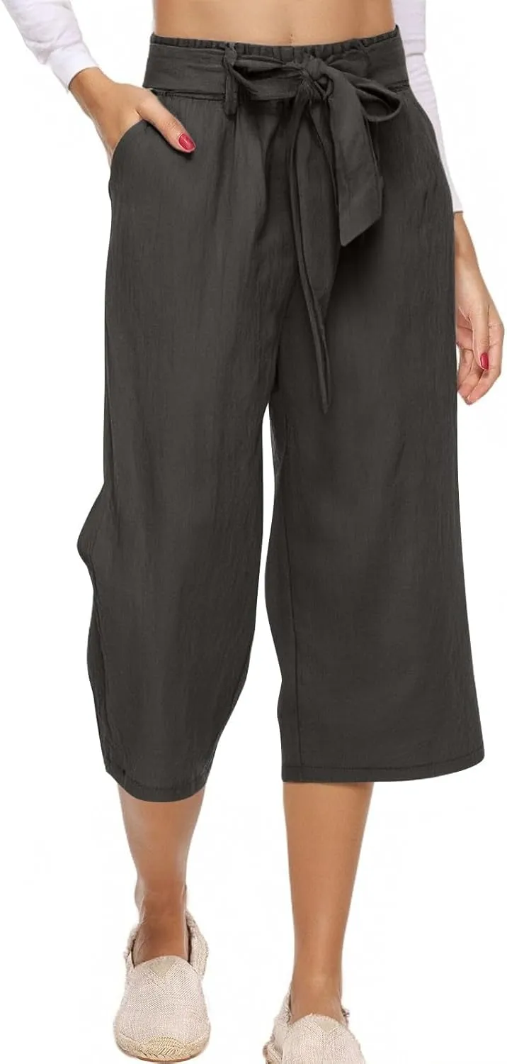Capri Pants for Women Casual Summer Drawstring Elastic High Waist Linen Pant Straight Wide Leg Cropped Trouser 2025
