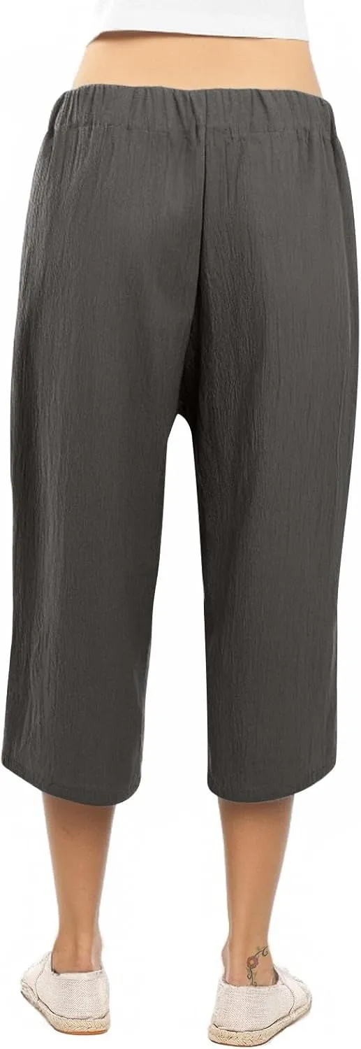 Capri Pants for Women Casual Summer Drawstring Elastic High Waist Linen Pant Straight Wide Leg Cropped Trouser 2025