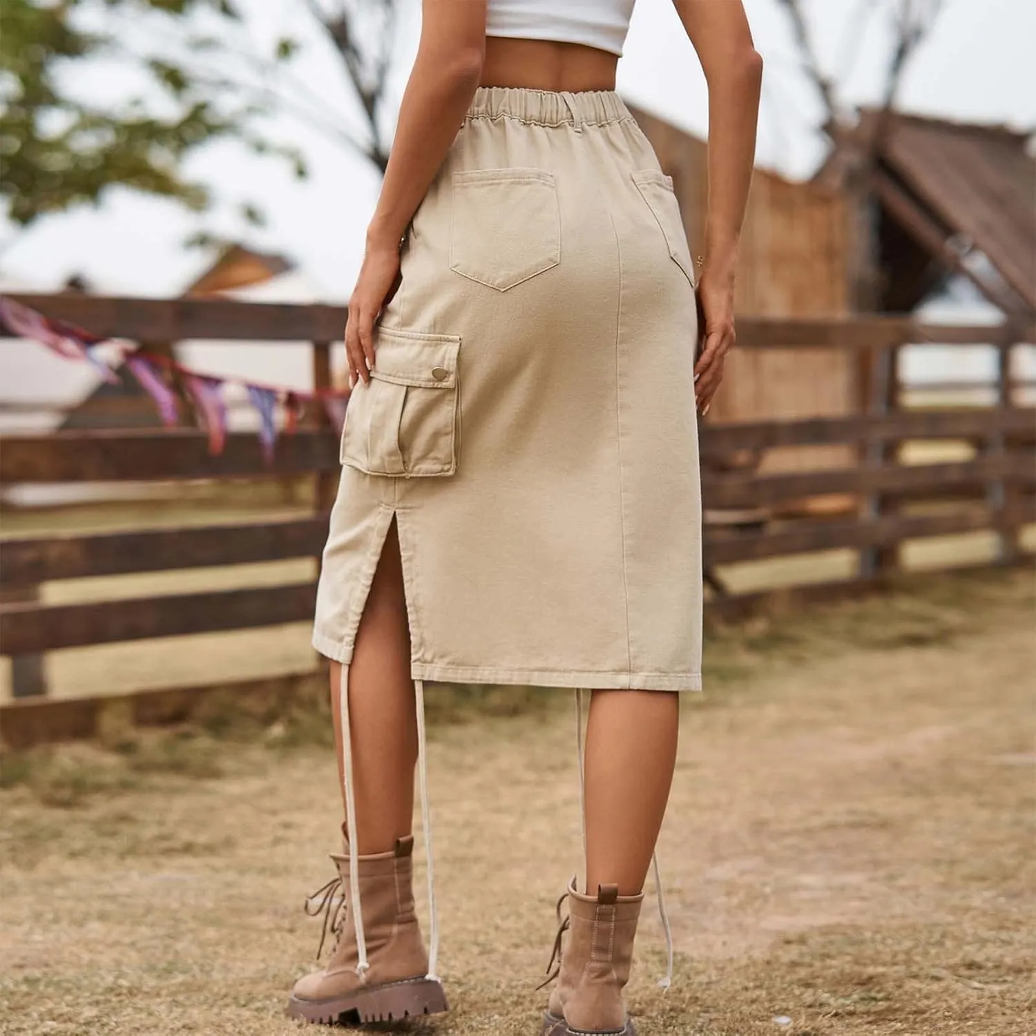 Cargo Skirts for Women with Pocket Midi Length Denim Skirt High Waisted Maxi Skirt Tie Split Jean Skirt Summer Skirts