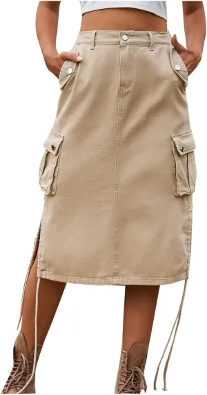 Cargo Skirts for Women with Pocket Midi Length Denim Skirt High Waisted Maxi Skirt Tie Split Jean Skirt Summer Skirts