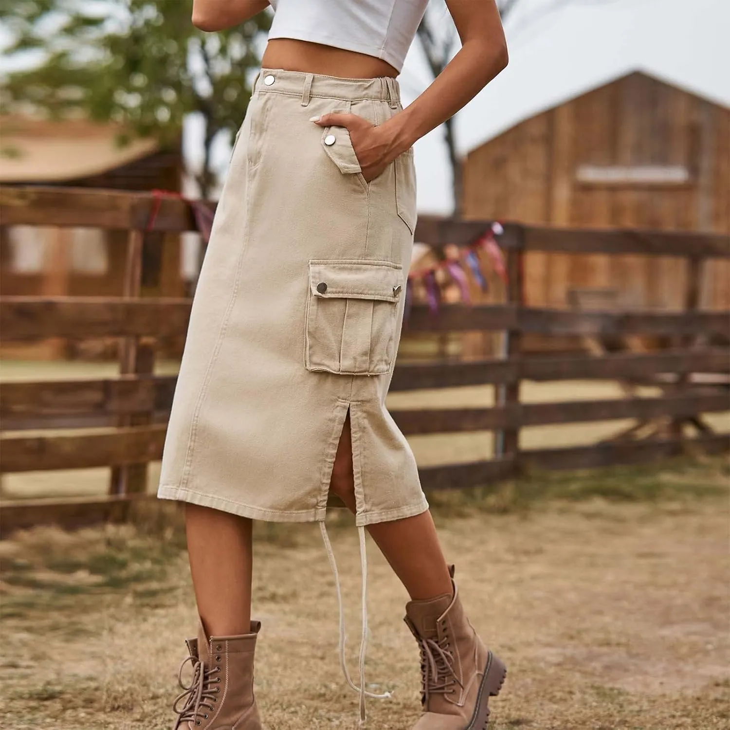 Cargo Skirts for Women with Pocket Midi Length Denim Skirt High Waisted Maxi Skirt Tie Split Jean Skirt Summer Skirts