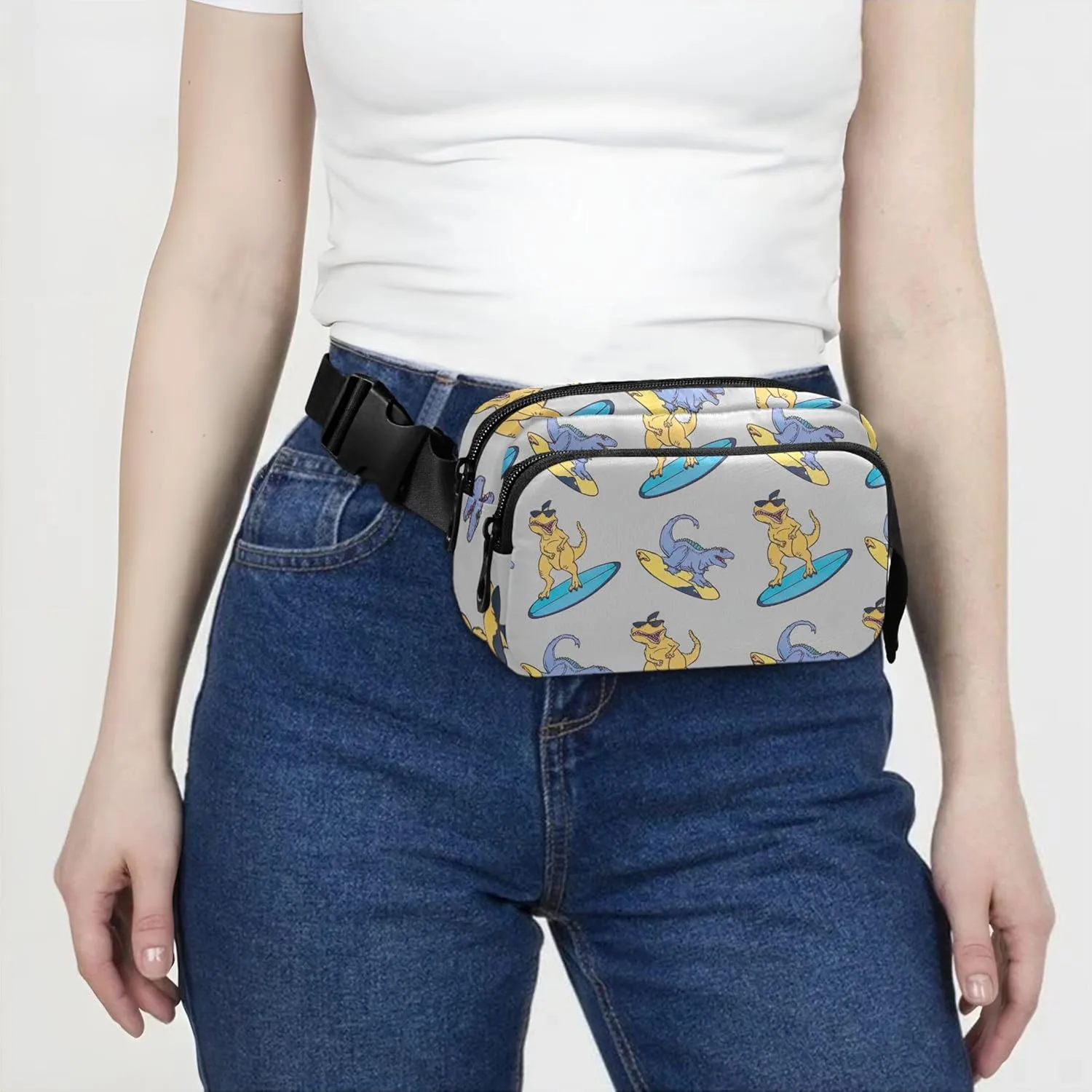 Cartoonish Rex Surfboard Funny Womens Fanny Pack Hip Pouch Belt Bag Waterproof Designer Travel Waist Bag