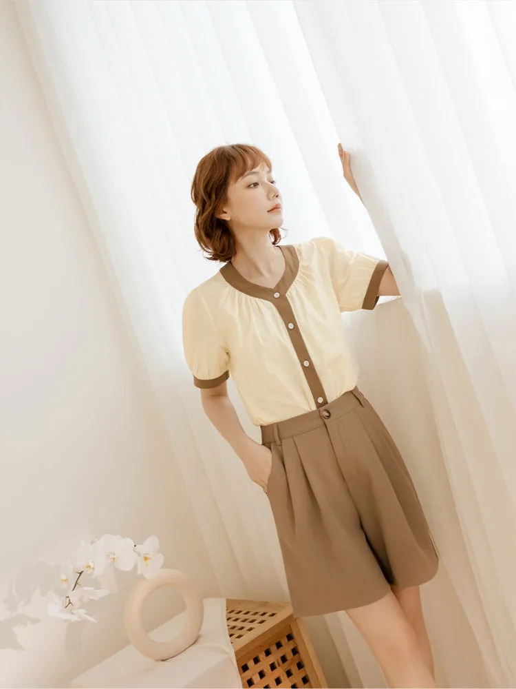 Casual Korean Colorblock Cotton Button Shirt Top