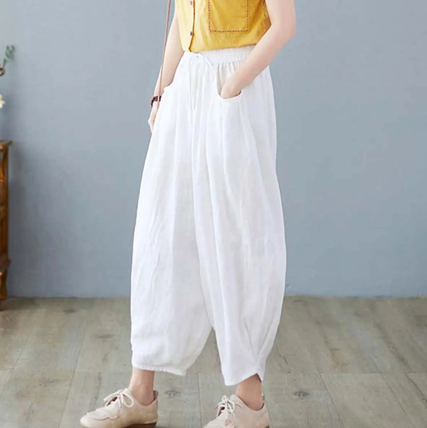 Ceboyel Womens Cotton Linen Harem Pants Drawstring Elastic Waist Summer Trouser Casual Baggy Pants Boho Beach Clothes 2023