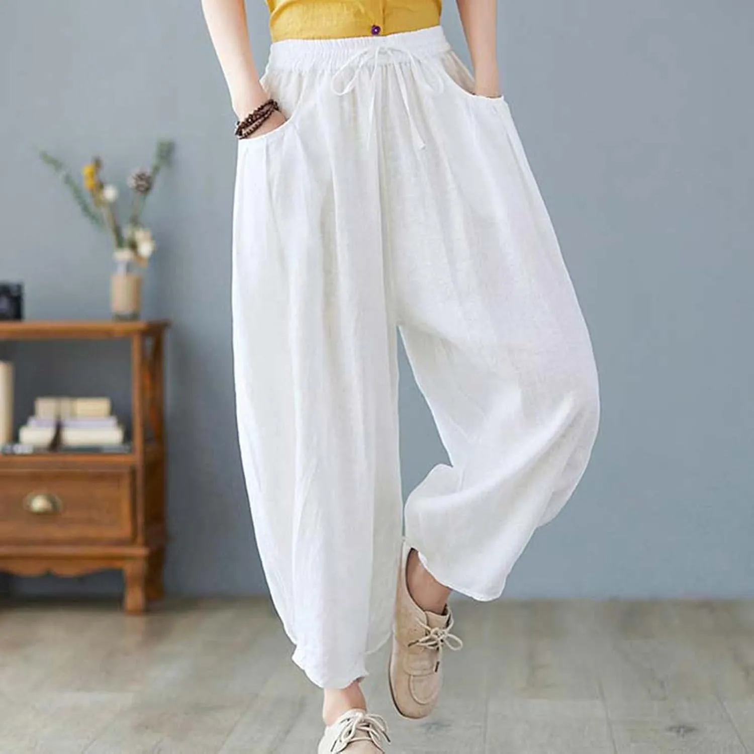 Ceboyel Womens Cotton Linen Harem Pants Drawstring Elastic Waist Summer Trouser Casual Baggy Pants Boho Beach Clothes 2023
