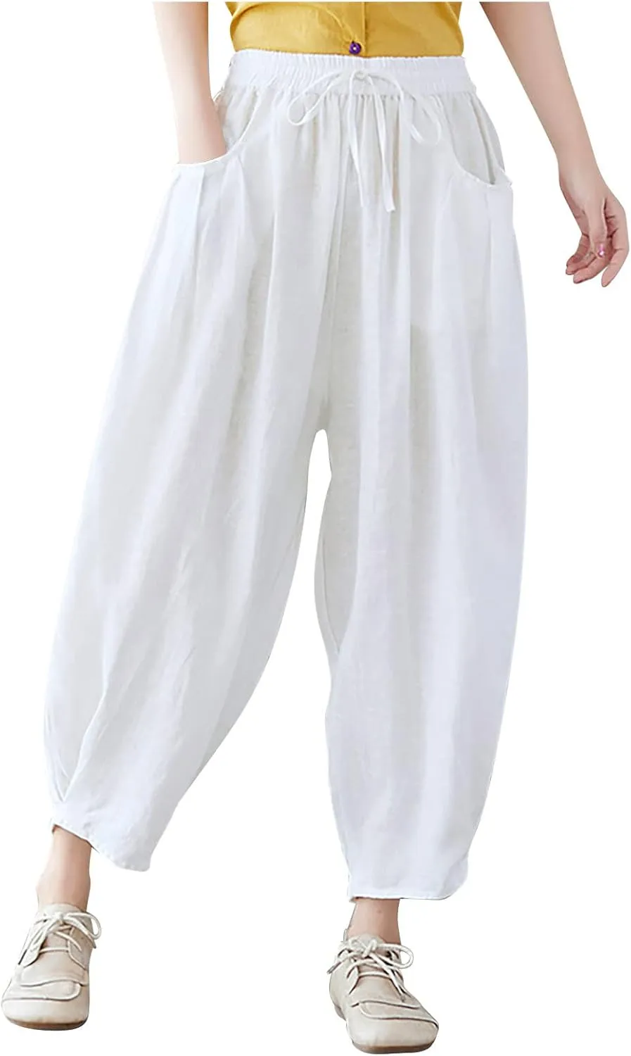 Ceboyel Womens Cotton Linen Harem Pants Drawstring Elastic Waist Summer Trouser Casual Baggy Pants Boho Beach Clothes 2023