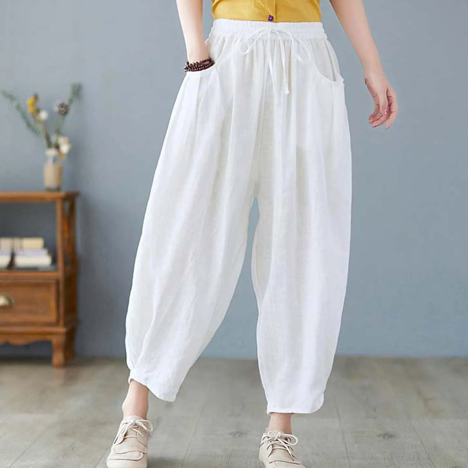 Ceboyel Womens Cotton Linen Harem Pants Drawstring Elastic Waist Summer Trouser Casual Baggy Pants Boho Beach Clothes 2023