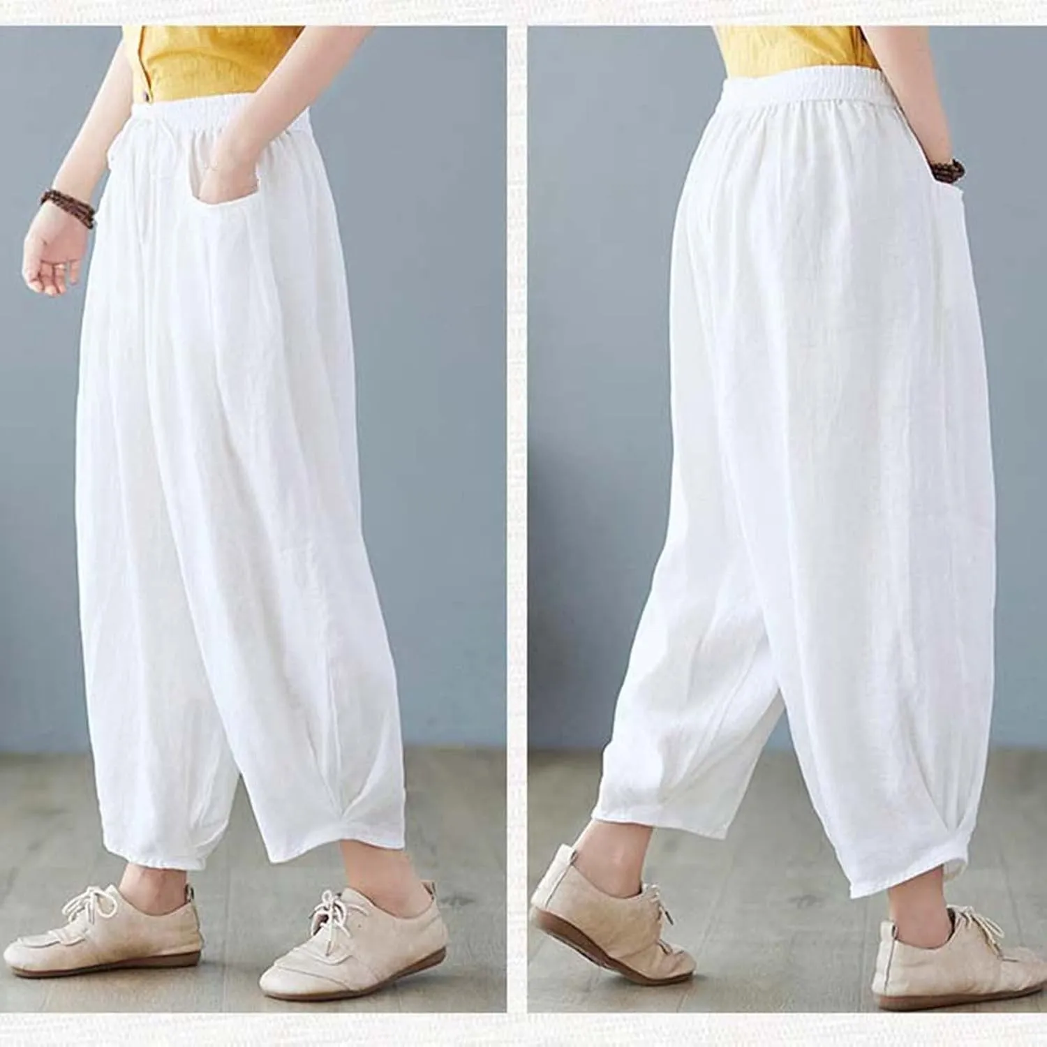 Ceboyel Womens Cotton Linen Harem Pants Drawstring Elastic Waist Summer Trouser Casual Baggy Pants Boho Beach Clothes 2023