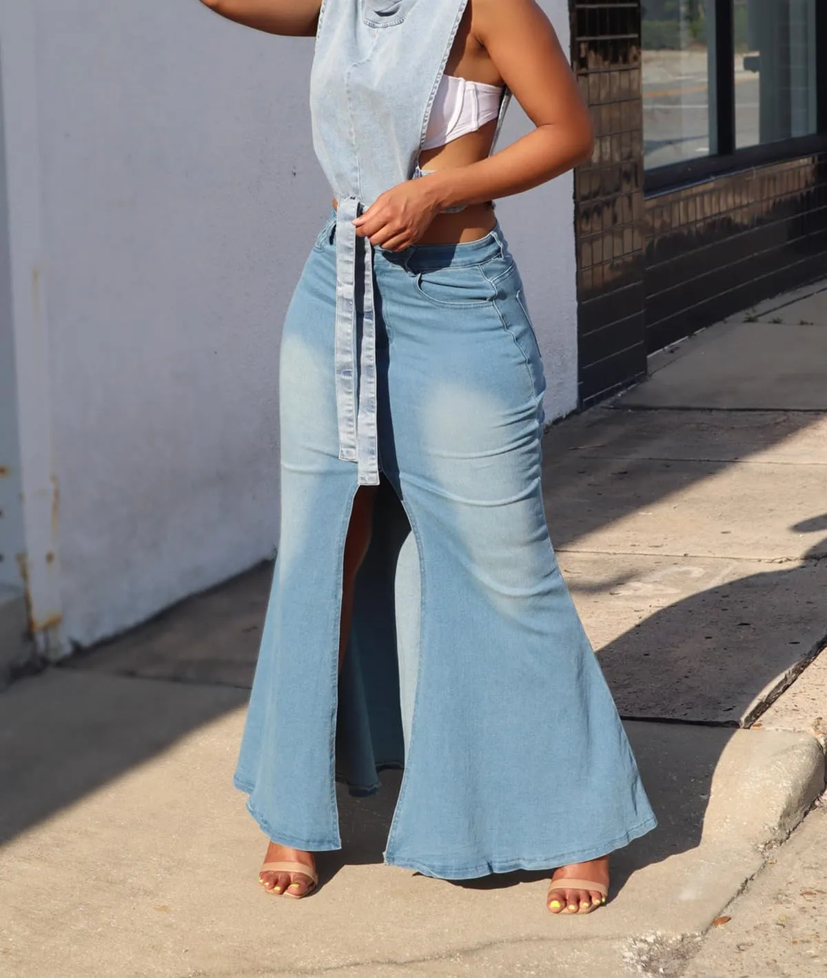 cffvdiz Women's Sexy Split High Waisted Denim Skirt Bodycon Jean Maxi Skirts