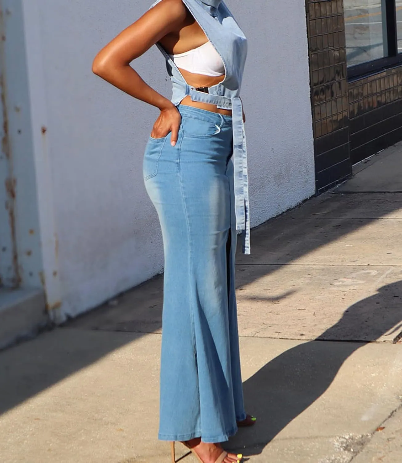 cffvdiz Women's Sexy Split High Waisted Denim Skirt Bodycon Jean Maxi Skirts
