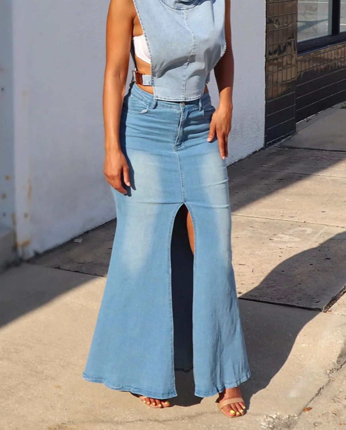 cffvdiz Women's Sexy Split High Waisted Denim Skirt Bodycon Jean Maxi Skirts