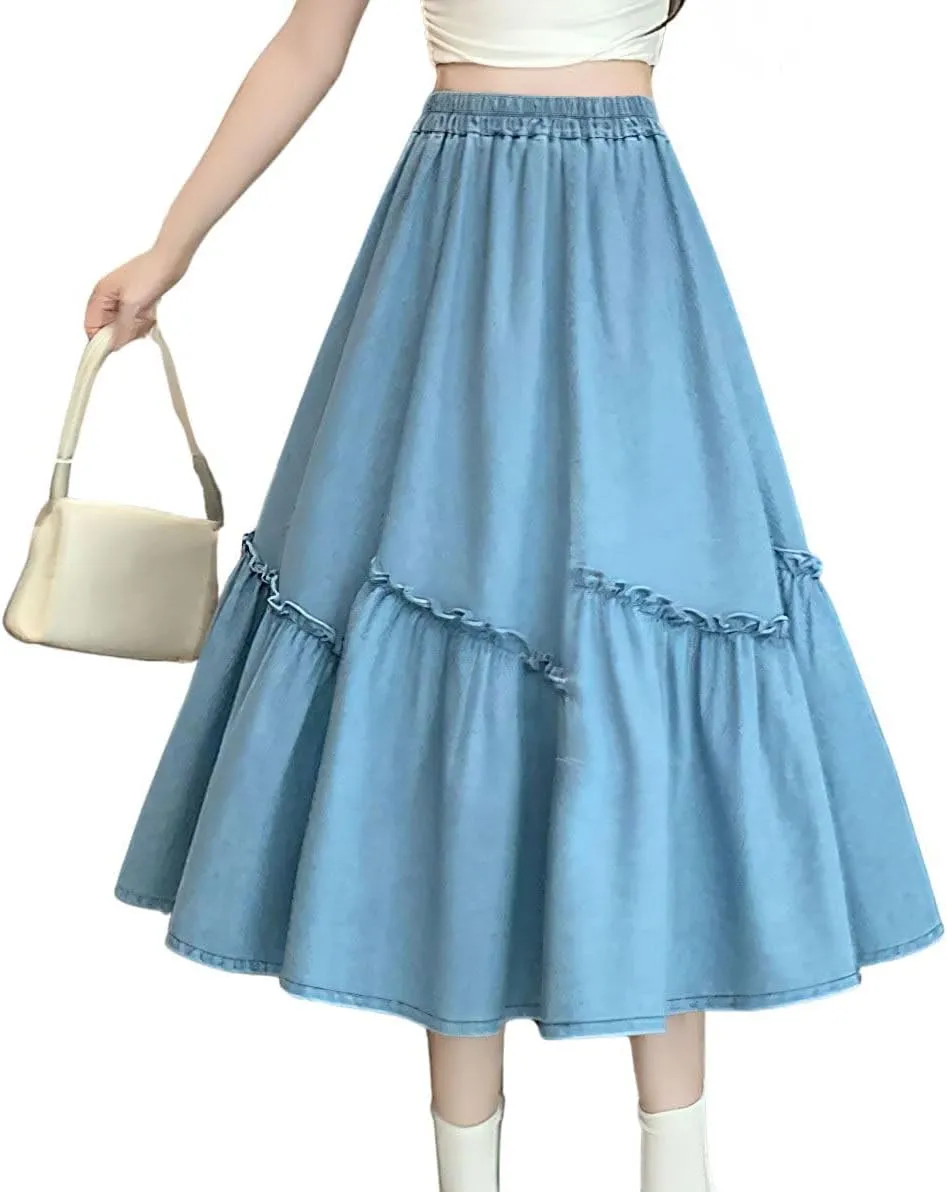 chouyatou Women's Casual Elastic Waist A-Line Denim Skirt Cute Frilly Ruffle Swing Midi Long Jean Skirt
