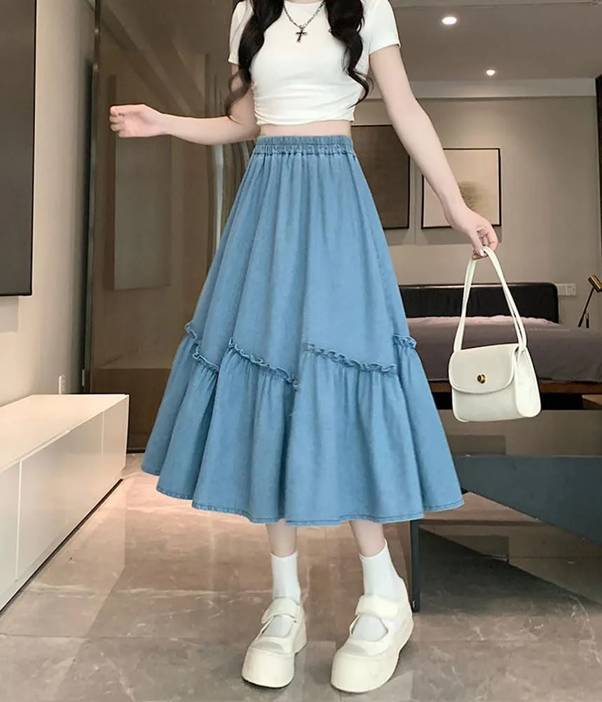 chouyatou Women's Casual Elastic Waist A-Line Denim Skirt Cute Frilly Ruffle Swing Midi Long Jean Skirt