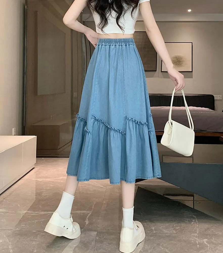 chouyatou Women's Casual Elastic Waist A-Line Denim Skirt Cute Frilly Ruffle Swing Midi Long Jean Skirt