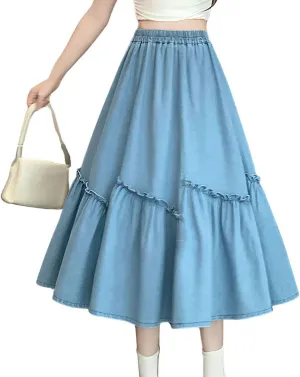 chouyatou Women's Casual Elastic Waist A-Line Denim Skirt Cute Frilly Ruffle Swing Midi Long Jean Skirt