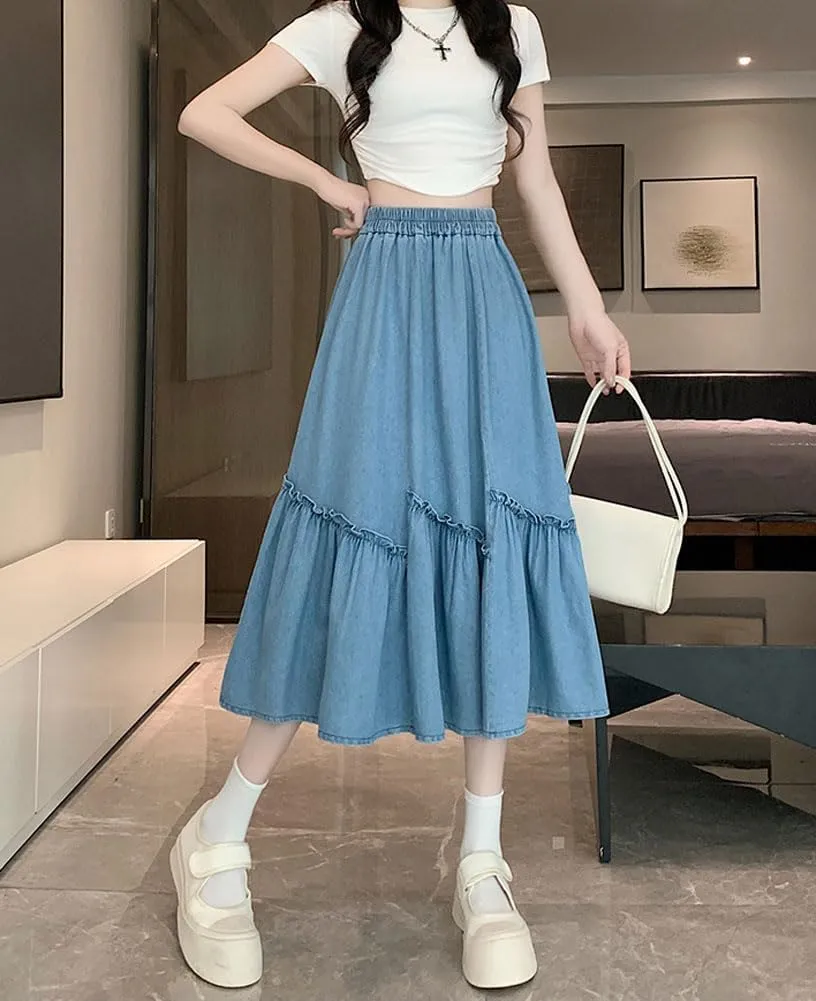 chouyatou Women's Casual Elastic Waist A-Line Denim Skirt Cute Frilly Ruffle Swing Midi Long Jean Skirt