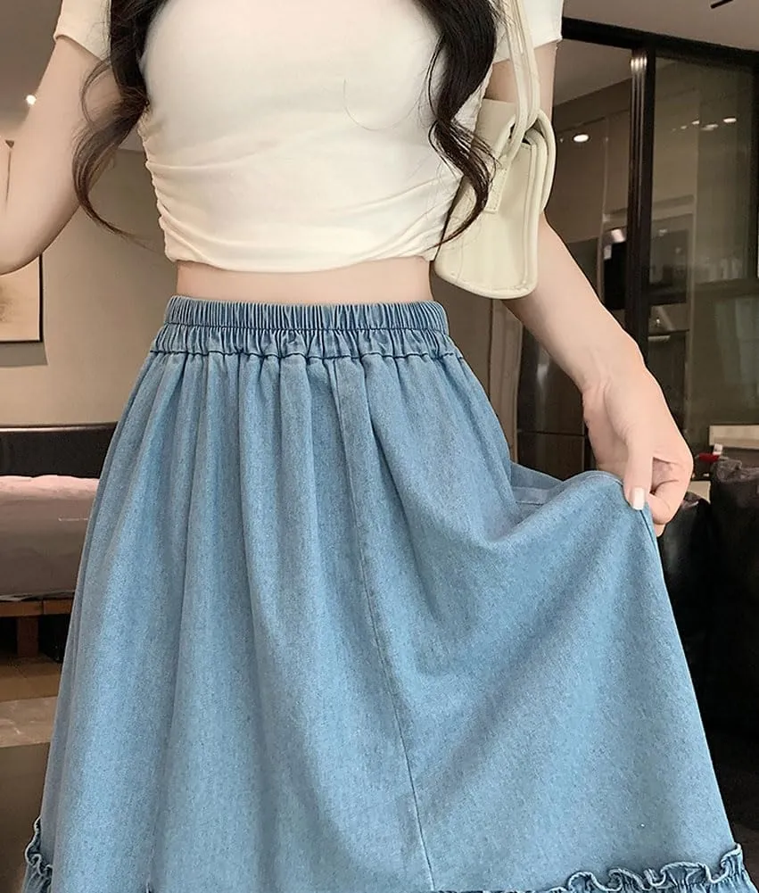 chouyatou Women's Casual Elastic Waist A-Line Denim Skirt Cute Frilly Ruffle Swing Midi Long Jean Skirt