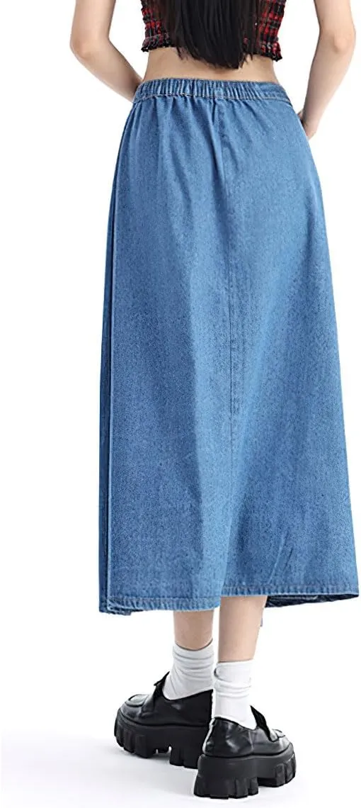 chouyatou Women's Y2k Irregular Denim Skirt High Elastic Waist Pleated A-Line Midi Long Jean Skirt