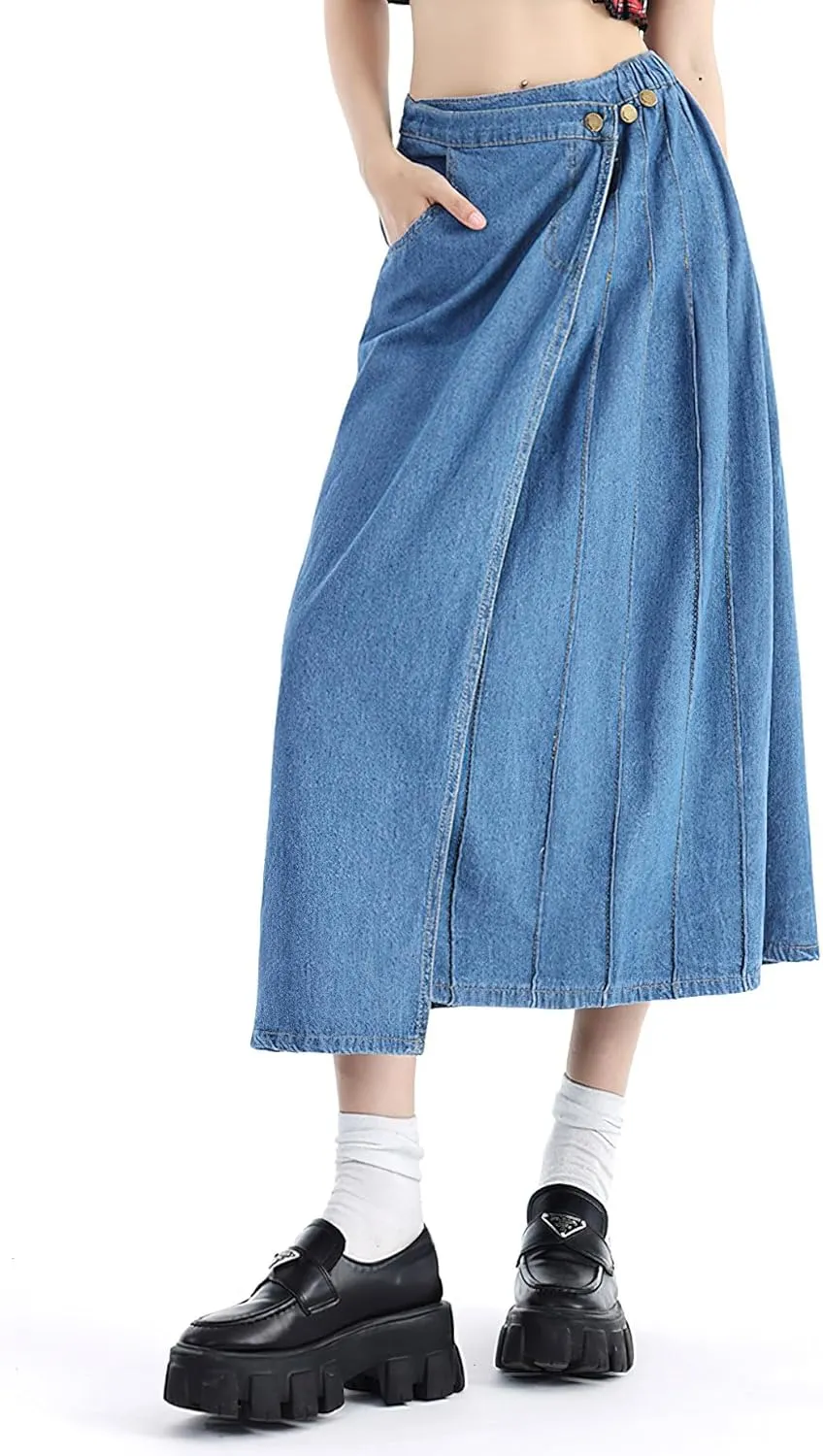 chouyatou Women's Y2k Irregular Denim Skirt High Elastic Waist Pleated A-Line Midi Long Jean Skirt