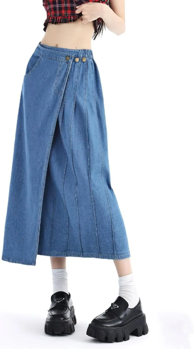 chouyatou Women's Y2k Irregular Denim Skirt High Elastic Waist Pleated A-Line Midi Long Jean Skirt