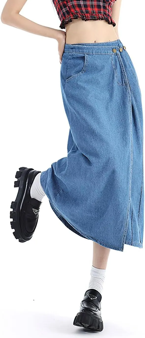 chouyatou Women's Y2k Irregular Denim Skirt High Elastic Waist Pleated A-Line Midi Long Jean Skirt