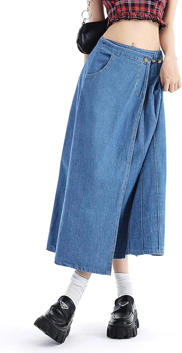 chouyatou Women's Y2k Irregular Denim Skirt High Elastic Waist Pleated A-Line Midi Long Jean Skirt